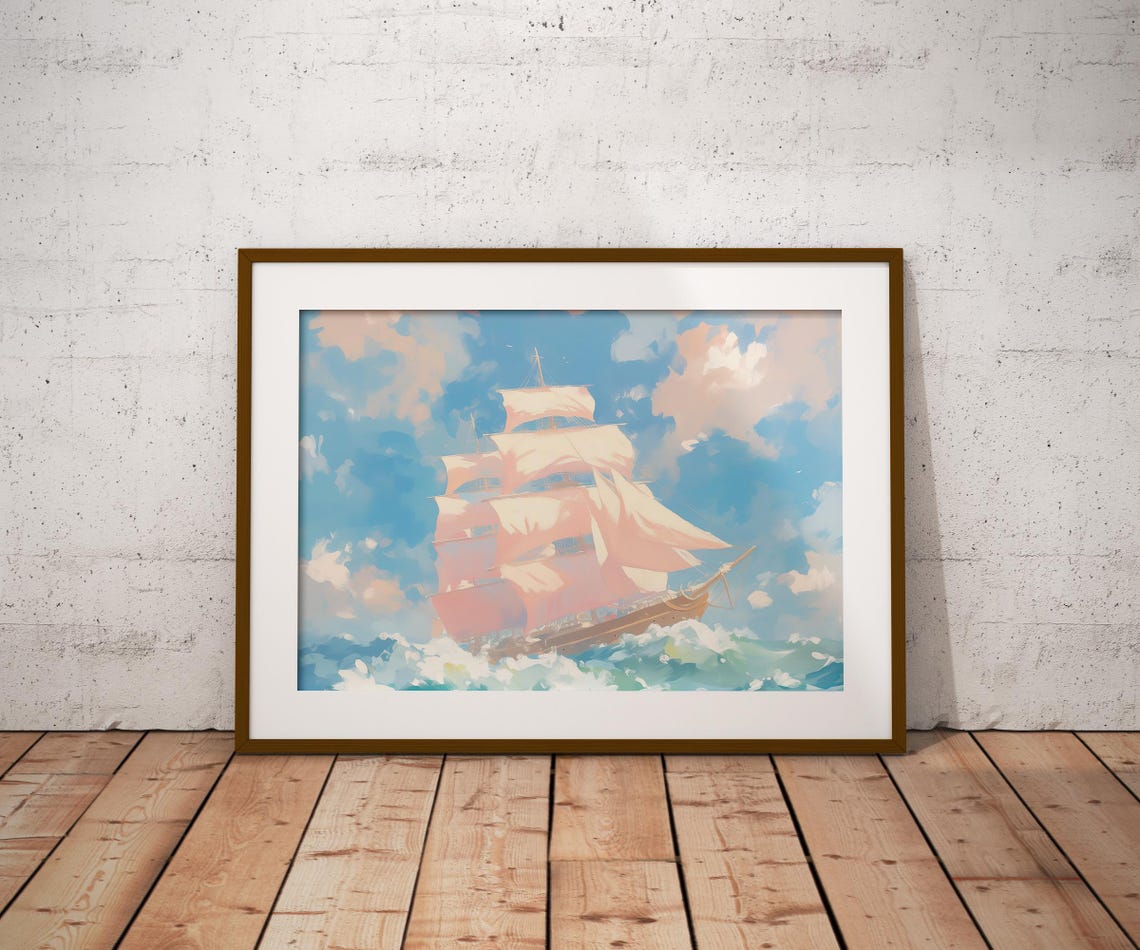 Tall Sailing Ship Full Pink Sails Turquoise Ocean Waves Art Poster - Image 2