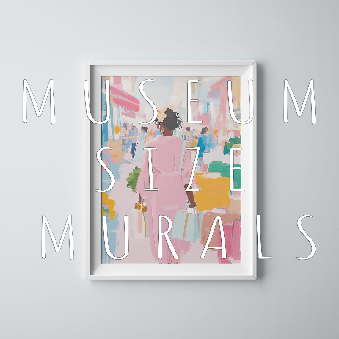 Woman Shopping with Bags Pastel City Street Scene Art Poster - Image 3