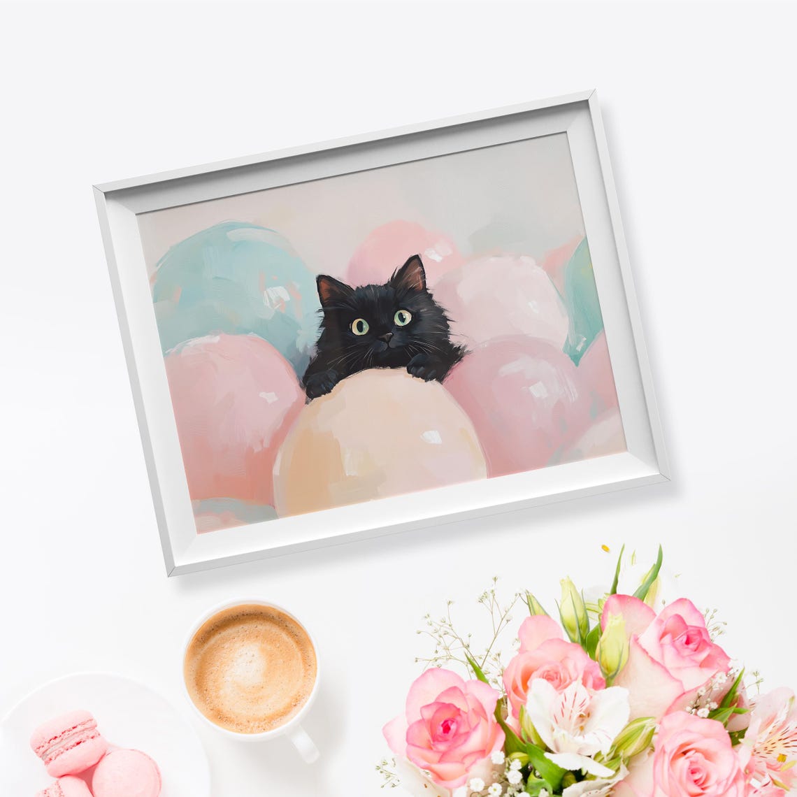 Black Kitten Peeking Over Pastel Balloons Cute Green Eyes Art Poster - Image 5