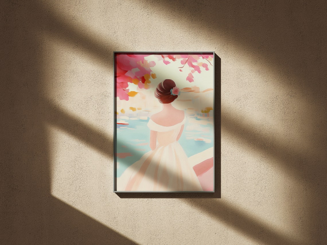 Woman Overlooking Harbor at Dusk Romantic Coastal Art Poster - Image 2