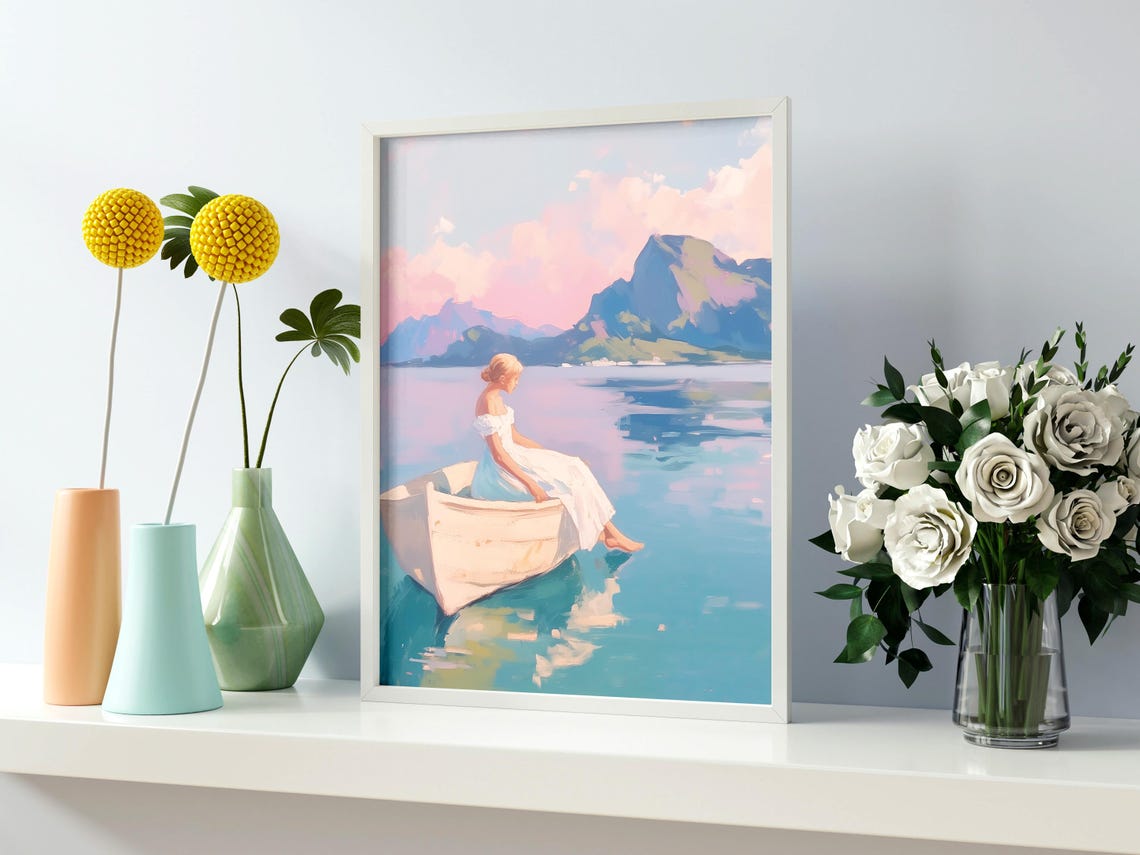 Woman In White Dress Sitting In Rowboat On Calm Turquoise Lake Poster - Image 2