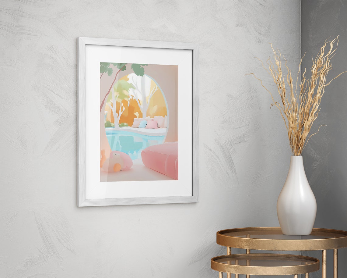 Dreamy Pastel Pool Arch Sunlit Patio Modern Oasis Wall Art Print - Image 2