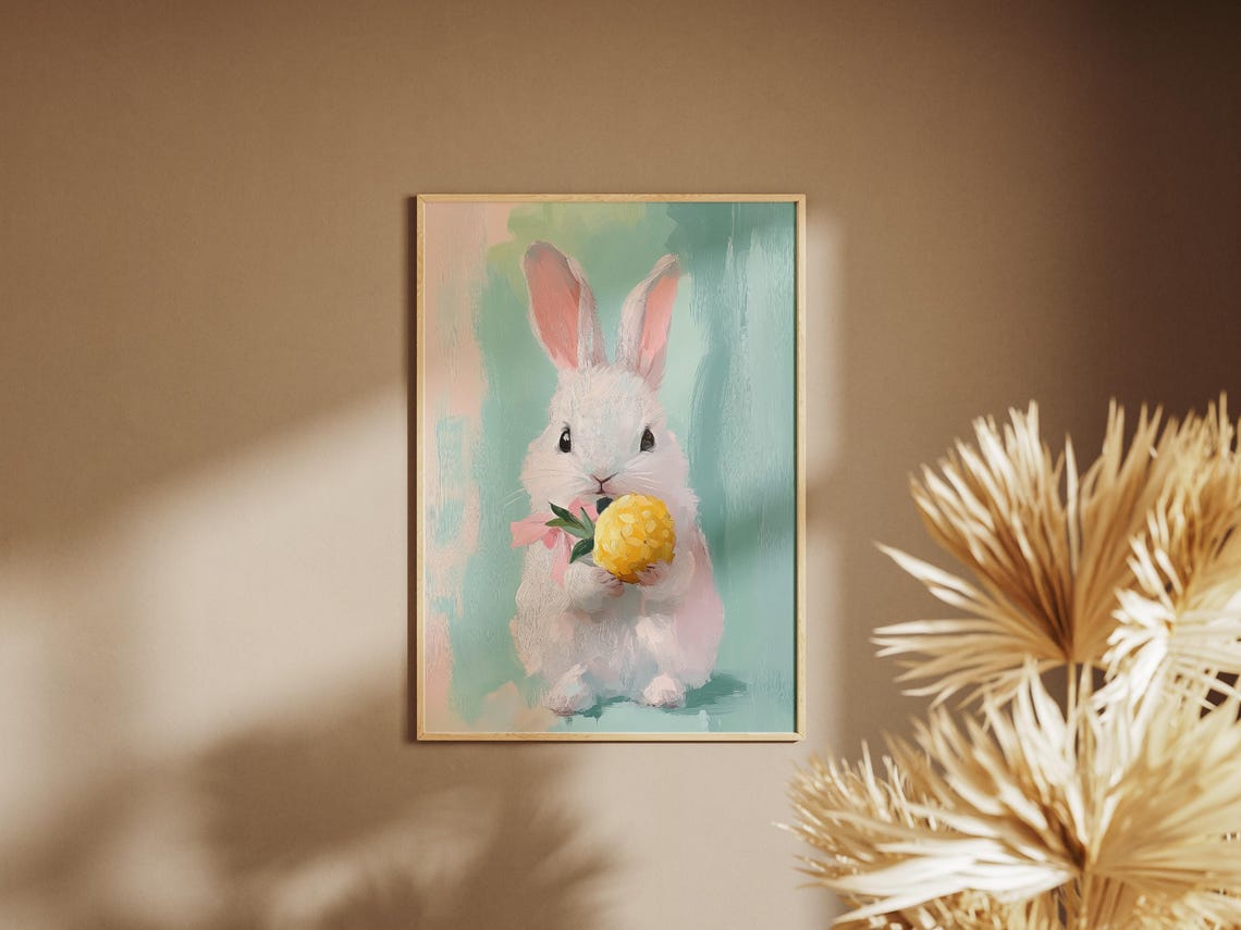 Adorable White Rabbit Enjoying A Pitaya Bunny Eating Fruit Pastel Rabbit Print Kawaii Rabbit Art Cute Rabbit Art Pet Portrait Rabbit - Image 2