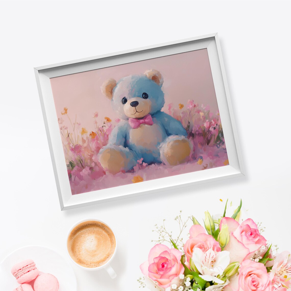 Blue Plush Teddy Bear Pink Bow Tie Wildflower Field Nursery Kids Wall Art - Image 5
