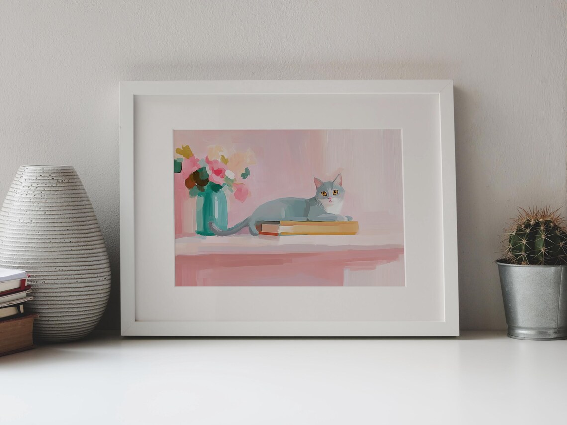 Gray Cat Lounging On Books Library Cat Portrait Pastel Wall Art - Image 4