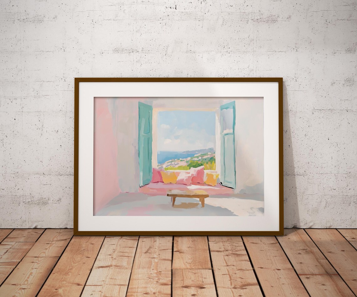 Mediterranean Window With Teal Shutters Overlooking Ocean Coast Pastel Poster - Image 2