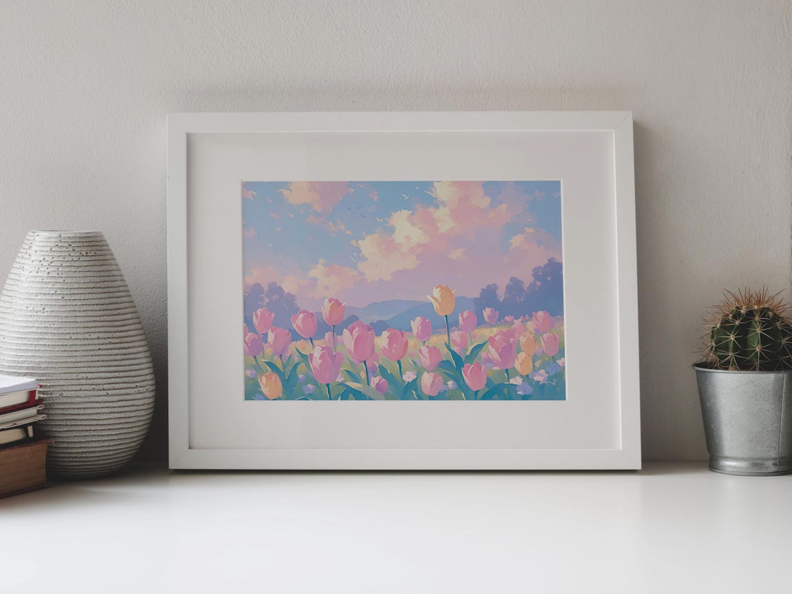 Field Of Pink Tulips Under Pastel Clouds Spring Bloom Art Poster - Image 4