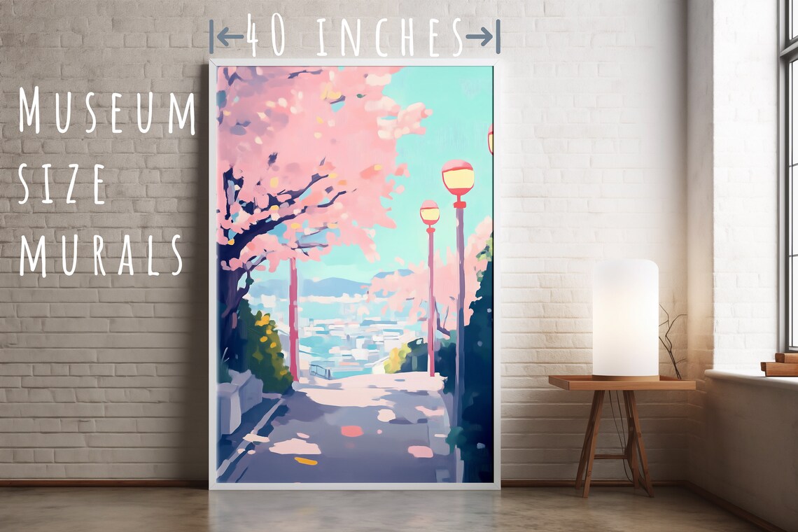 Cherry Blossom Street with Red Lamps Overlooking Harbor City Pastel Poster - Image 5