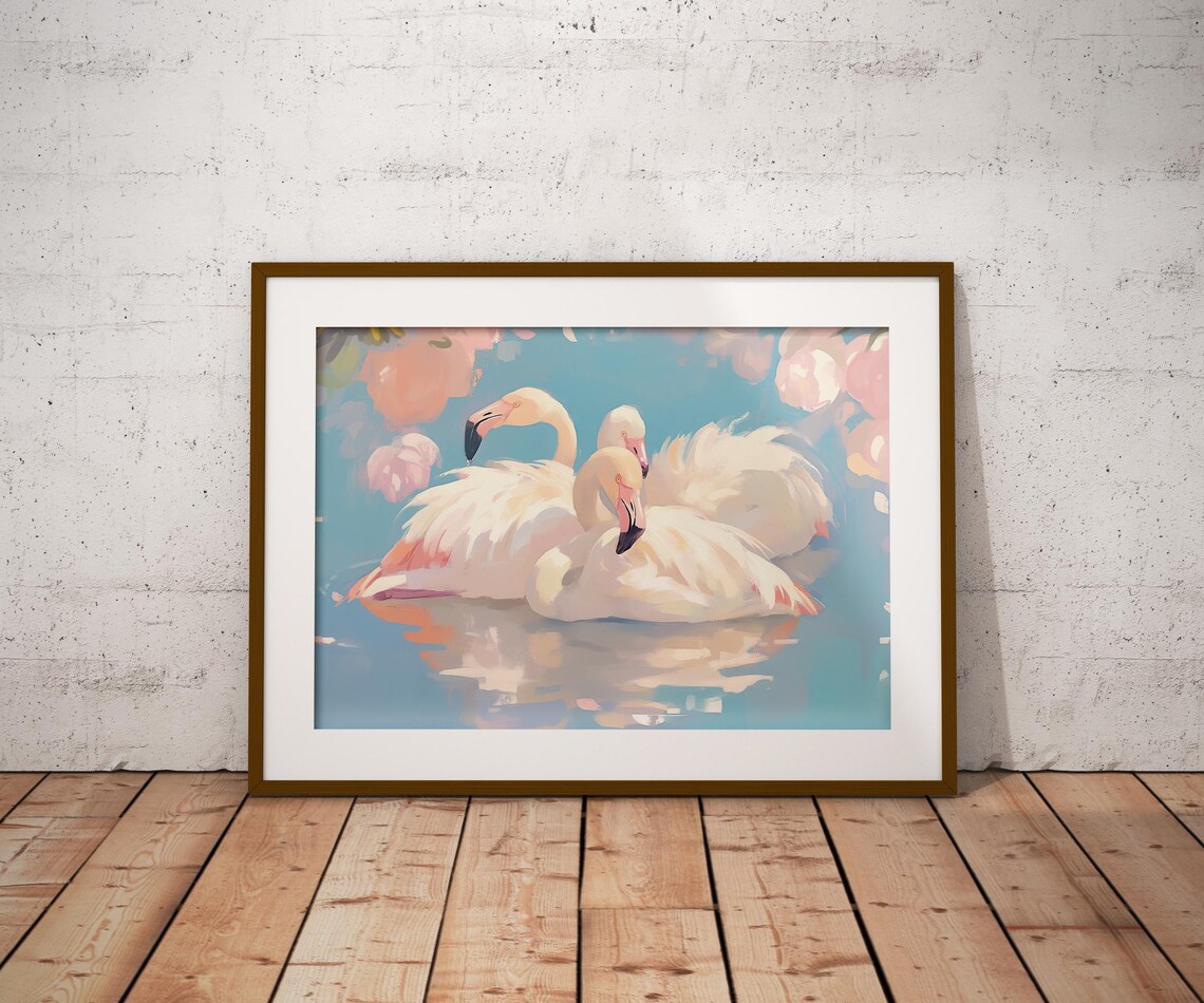 Three White Flamingos Turquoise Water Soft Pink Blossoms Tropical Bird Poster - Image 2