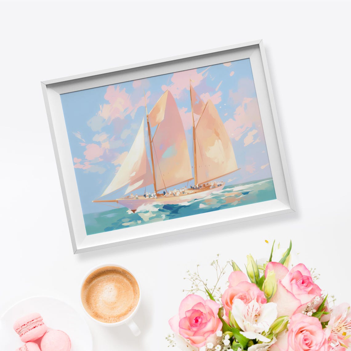 Classic Sailboat Full White Sails Turquoise Sea Nautical Art Poster - Image 5