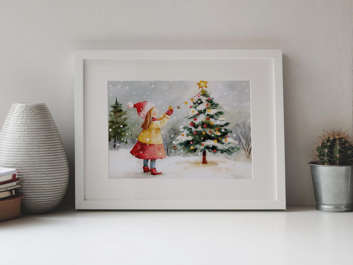 Christmas Tree Star Lights Up By Girl In Santa Hat Outdoor Holiday Art Christmas Village Print Girly Holiday Decor Christmas Snow Art - Image 3
