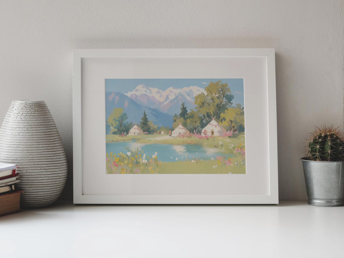 Mountain Lake With White Tents Snow Peaks And Wildflowers Print - Image 4