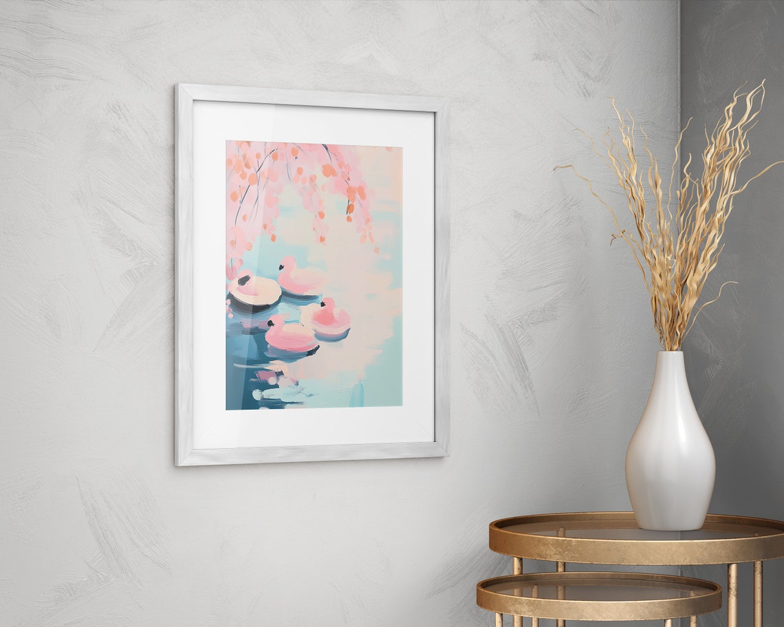 Pink Flamingos Under Cherry Blossoms Pastel Spring Wall Art Print - Image 2