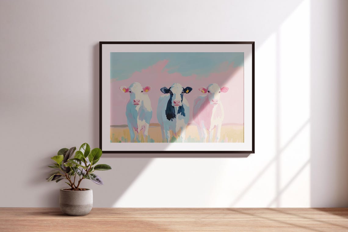 Pastel Cute Cows Painting Farmhouse Cow Art Rustic Cow Painting Cow Lovers Gift Country Home Decor Cow Print Art Farm Animal Painting - Image 3