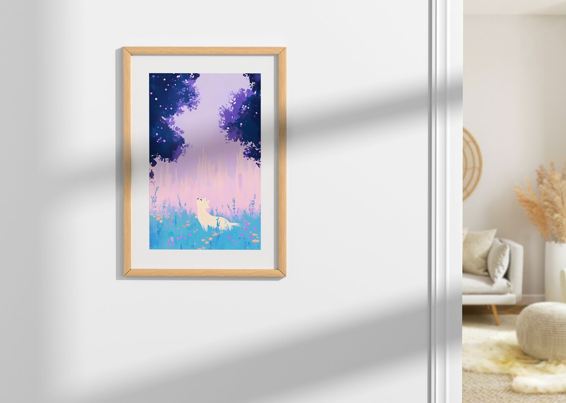 White Fox in a Dreamy Pastel Meadow Under Blossom Trees Night Art Print - Image 2