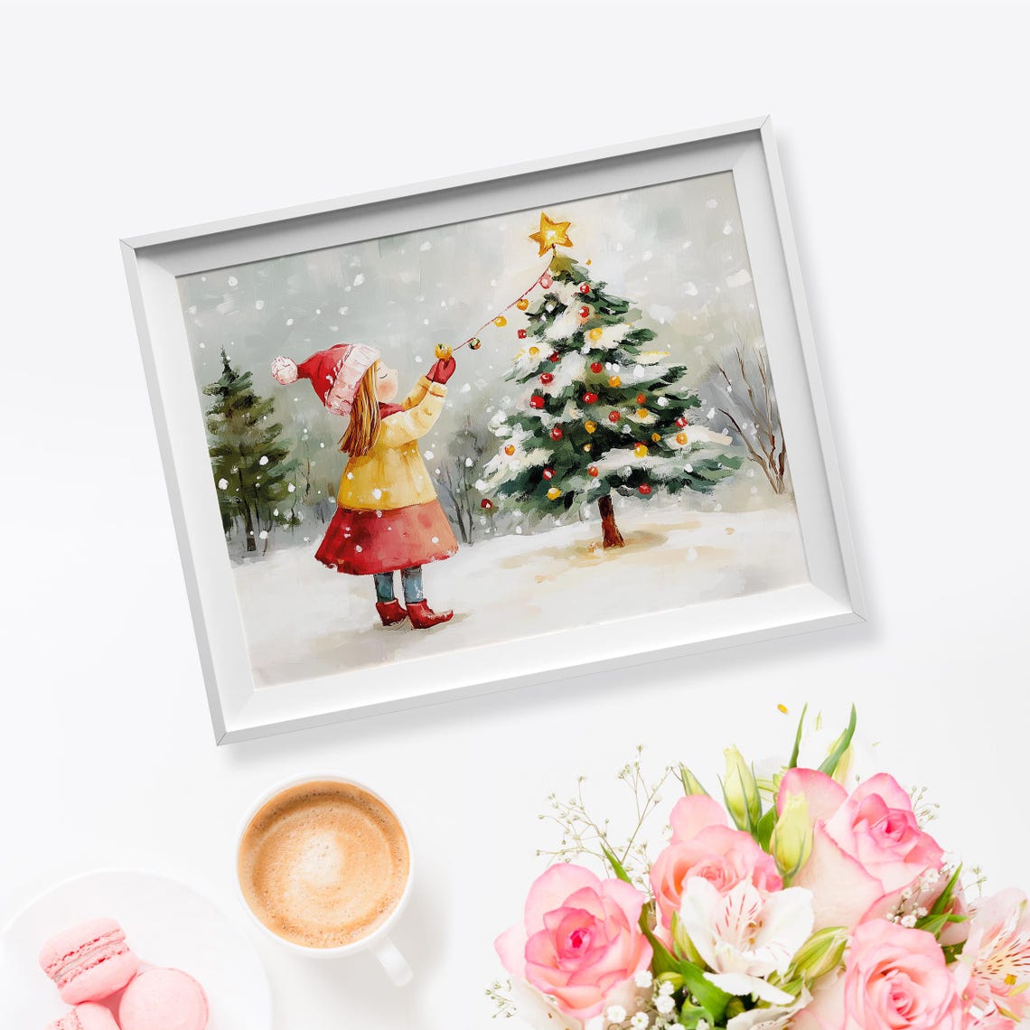 Christmas Tree Star Lights Up By Girl In Santa Hat Outdoor Holiday Art Christmas Village Print Girly Holiday Decor Christmas Snow Art - Image 4