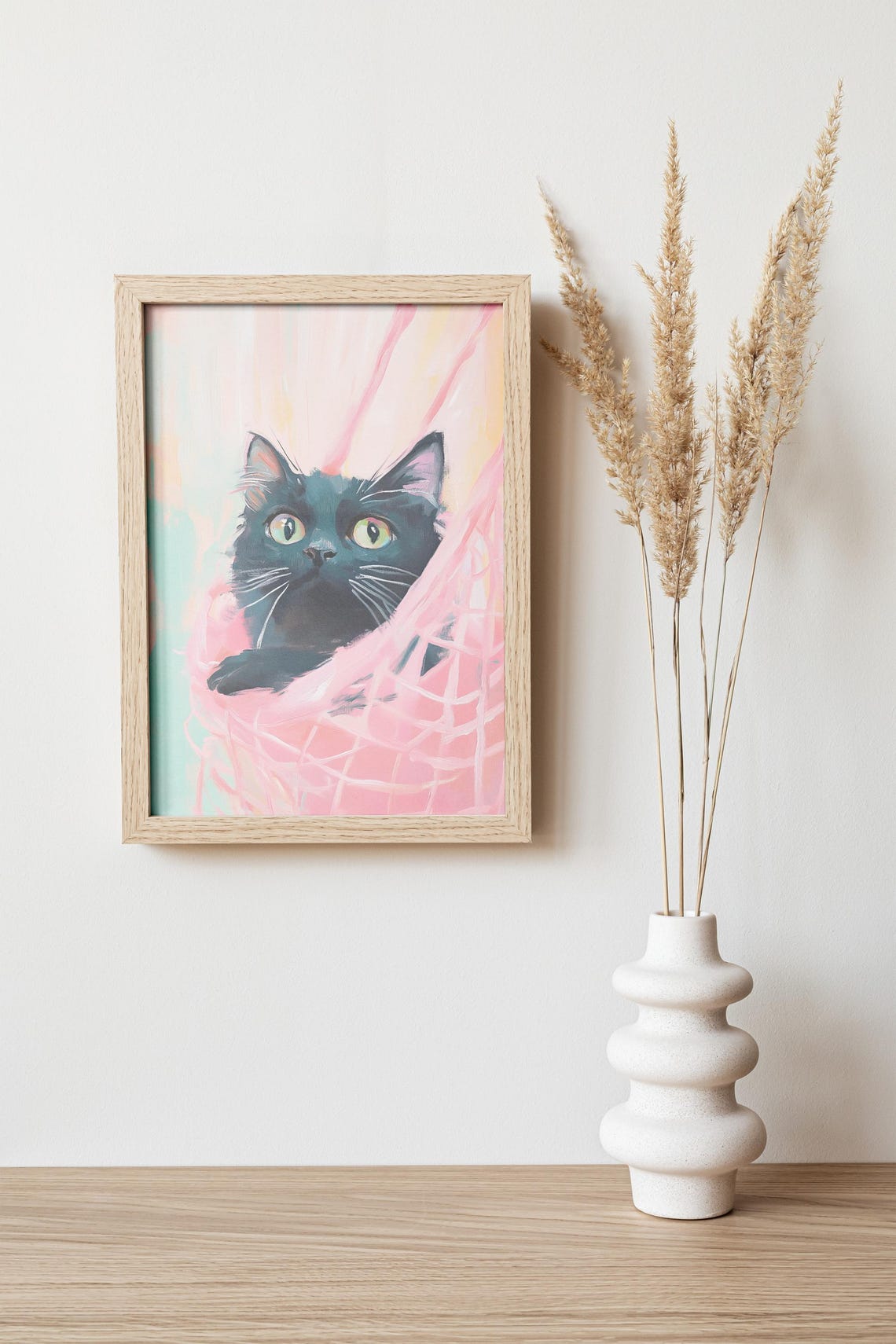 Black Cat Peeking Pink Curtain Big Green Eyes Whimsical Wall Art - Image 4