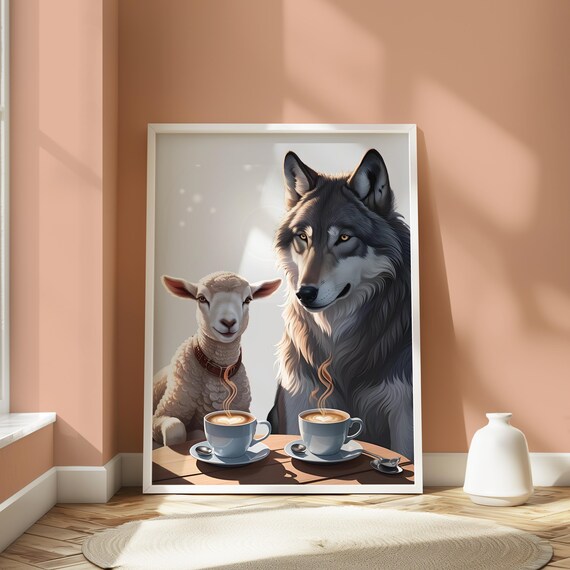 Wolf And Lamb Coffee Print Whimsical Animal Illustration