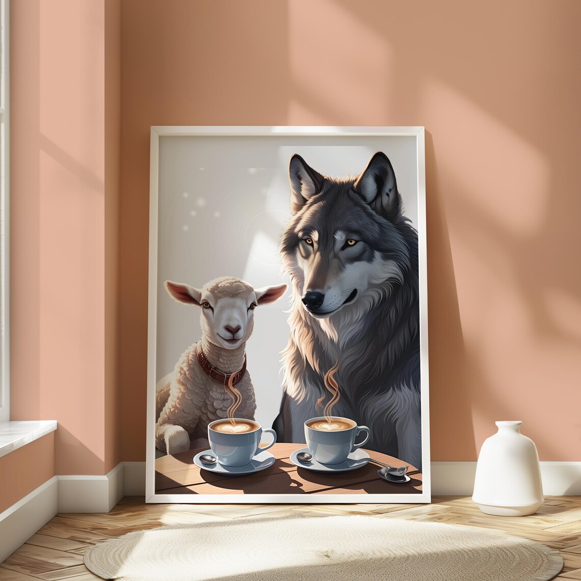 Wolf And Lamb Coffee Print Whimsical Animal Illustration