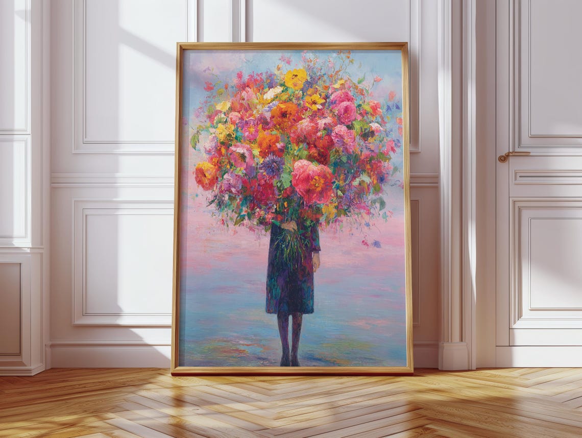 Girl With Huge Colorful Bouquet Pink Sky Impressionist Flower Poster