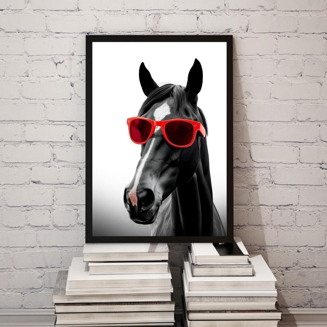 Horse With Red Sunglasses Black and White Funny Animal Portrait Poster