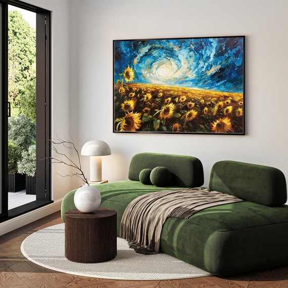 Sunflower Field Under Swirling Starry Night Sky Dreamy Wall Art