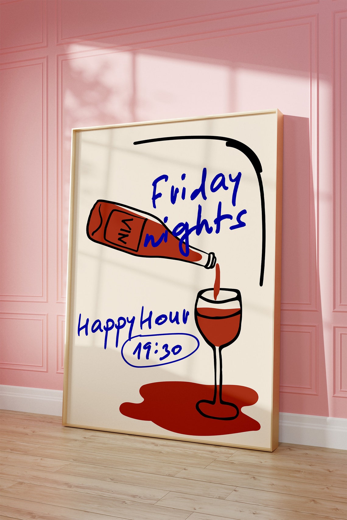Friday Nights Happy Hour 19:30 Red Wine Sketch Kitchen Fun Poster - Image 2