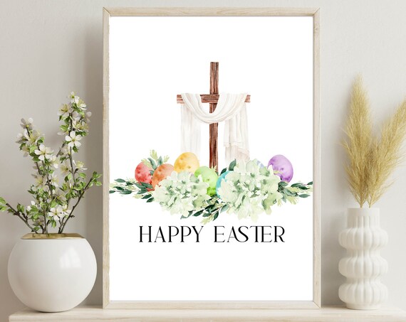 Happy Easter Cross With White Drape Hydrangea Watercolor Poster