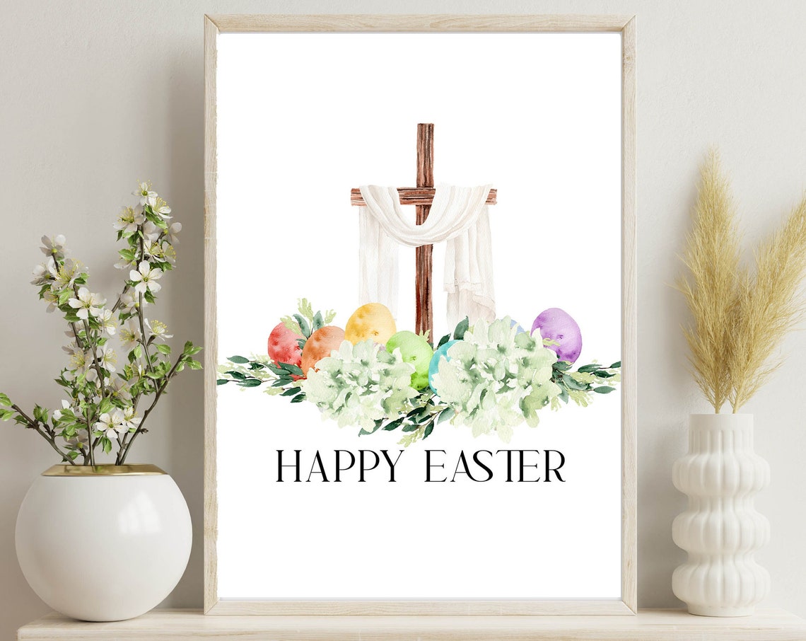 Happy Easter Cross With White Drape Hydrangea Watercolor Poster