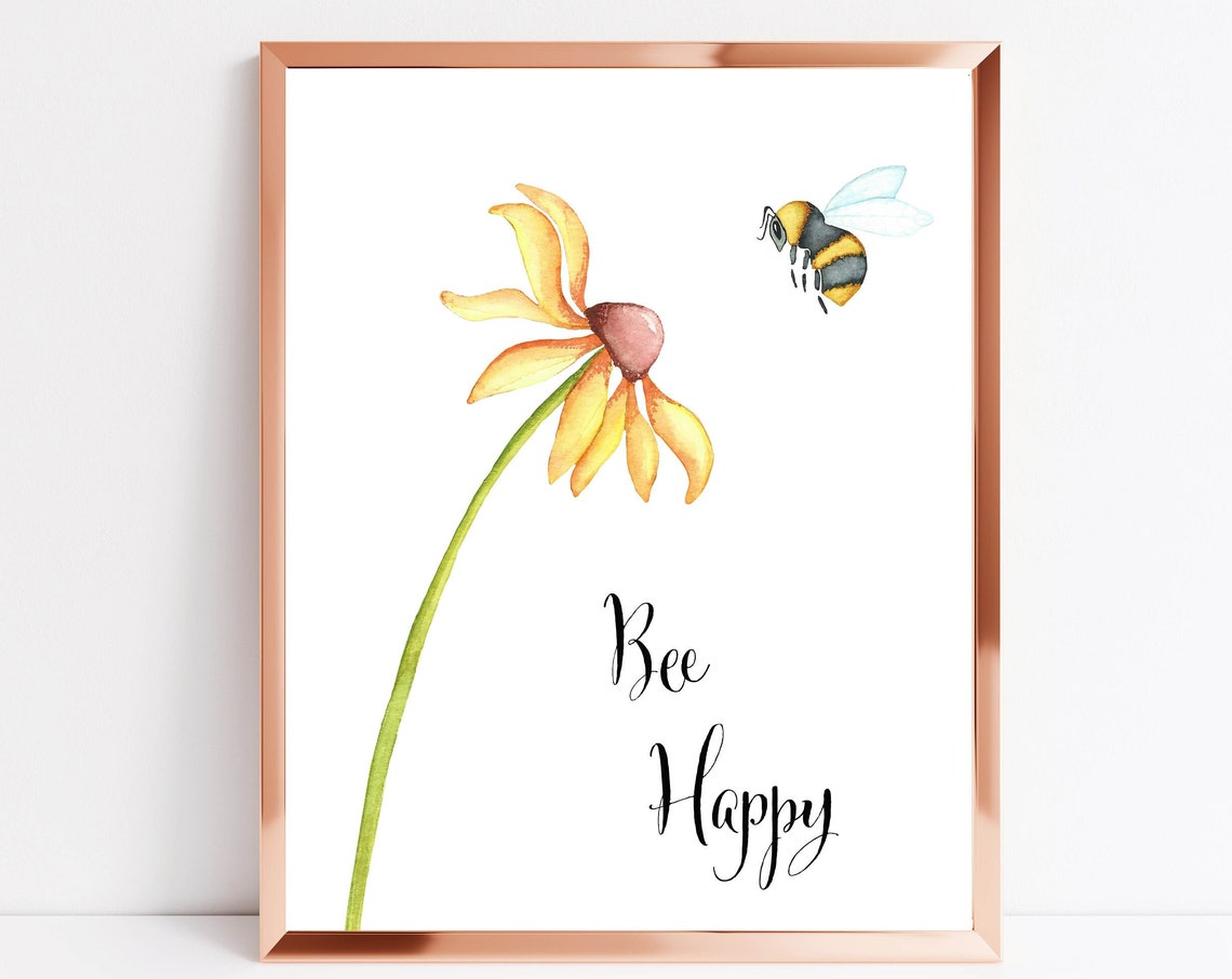 Bee Happy Daisy Bumblebee Watercolor Motivational Quote Poster