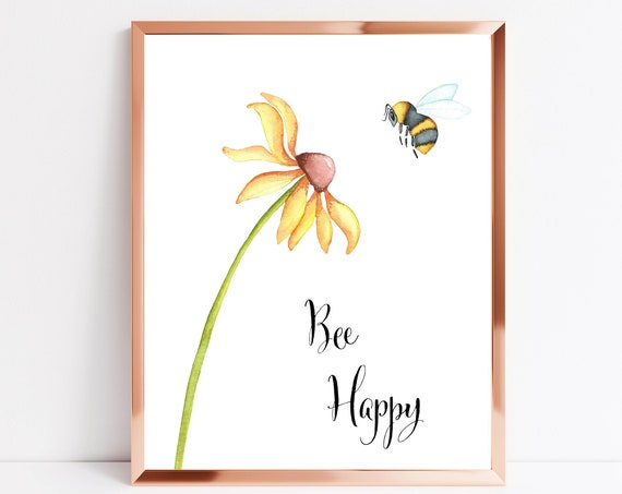 Bee Happy Motivational Quote Inspirational Quote 5x7 8x10 11x14 Watercolor Bee Flower Home Decor Farmhouse Diy Decor