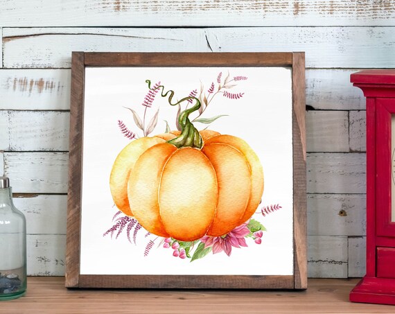 Watercolor Orange Pumpkin with Pink Florals Fall Kitchen Wall Poster