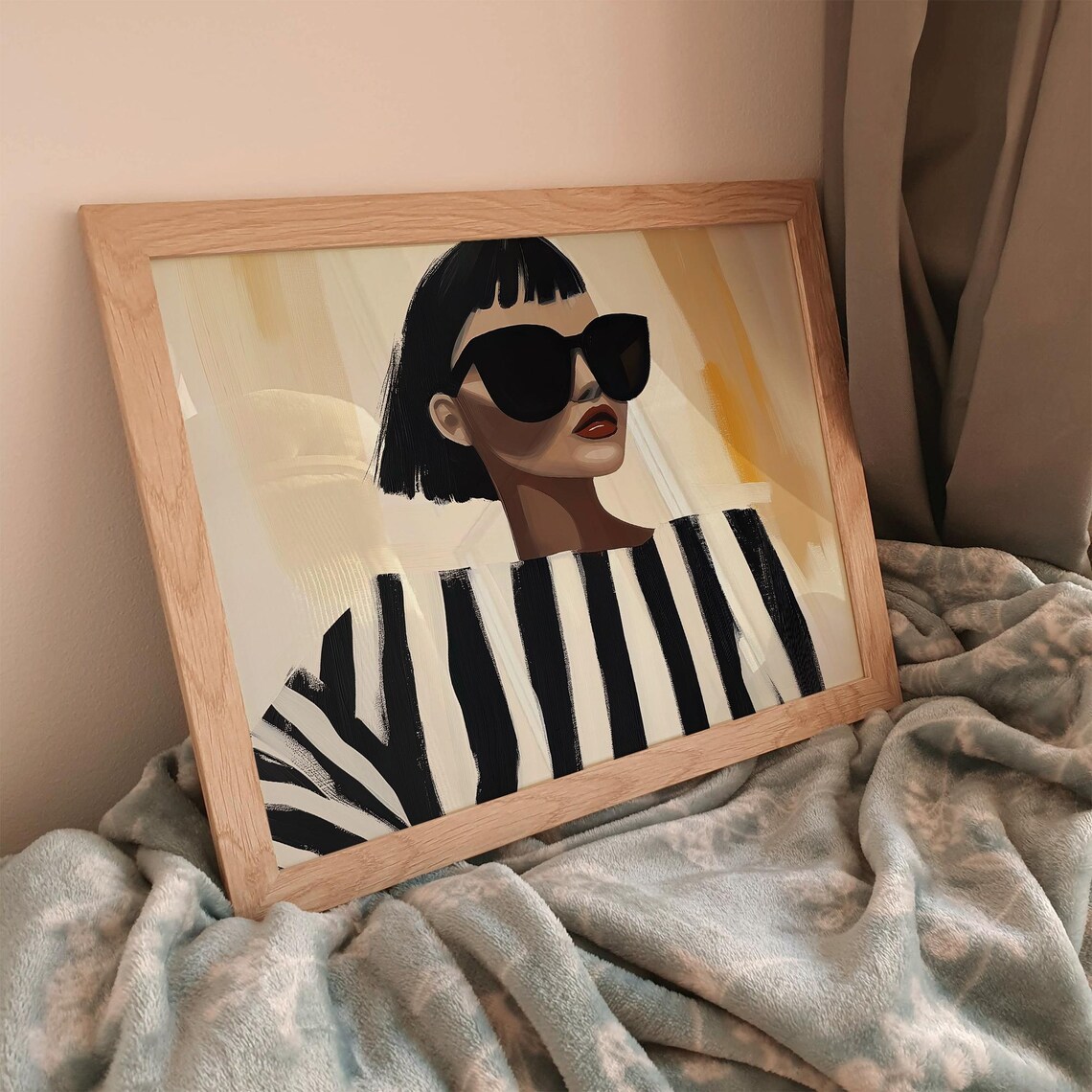 Chic Bob-Haired Woman In Sunglasses With Striped Top Wall Art - Image 2