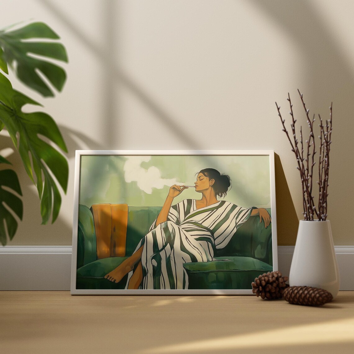 Elegant Woman Smoking on Green Sofa in Striped Kaftan Poster - Image 2