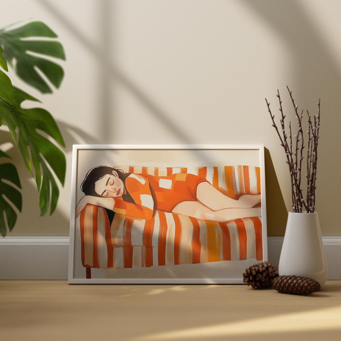 Woman Resting on Orange Striped Sofa in Retro Swimsuit Poster - Image 2