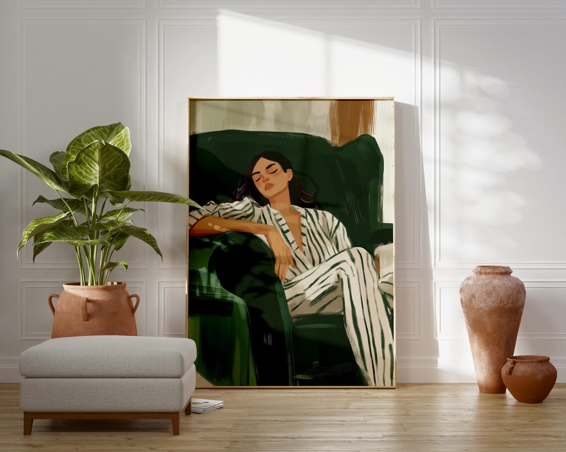 Woman Lounging In Striped Pajamas On Emerald Armchair Poster - Image 3