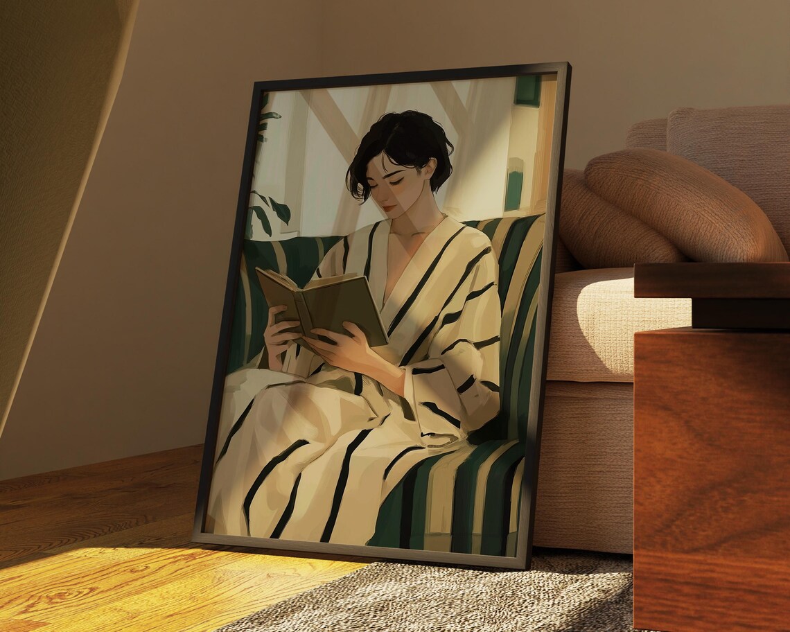 Serene Emerald Reading Woman Minimalist Contemporary Book Nook Poster - Image 3