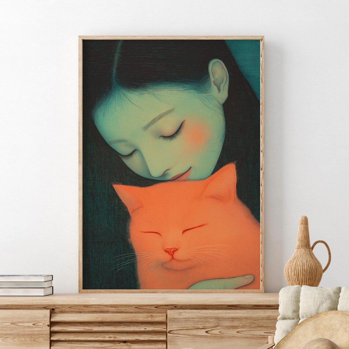 Abstract People Cat Lover Art, Contemporary Cat Artwork