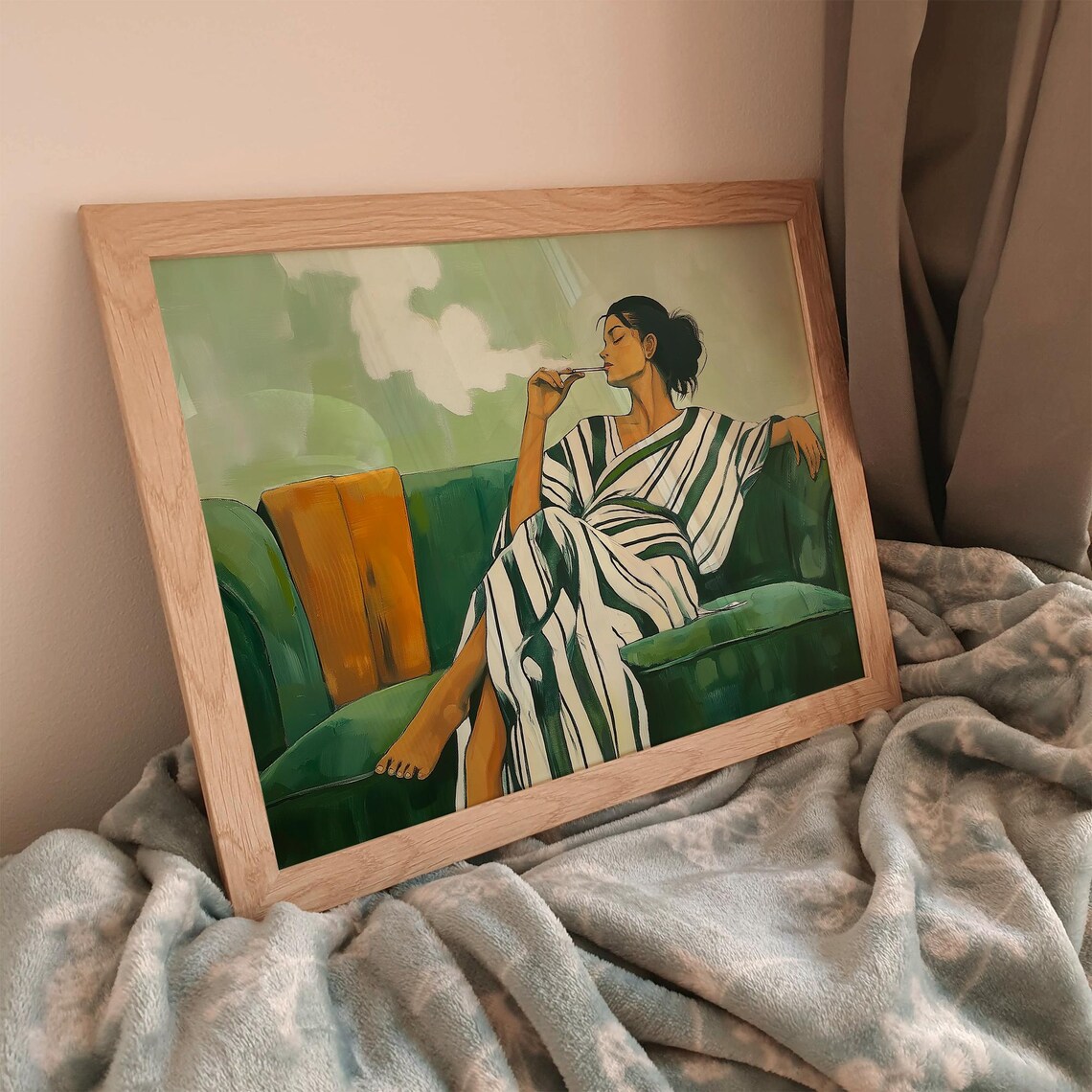 Elegant Woman Smoking on Green Sofa in Striped Kaftan Poster - Image 3