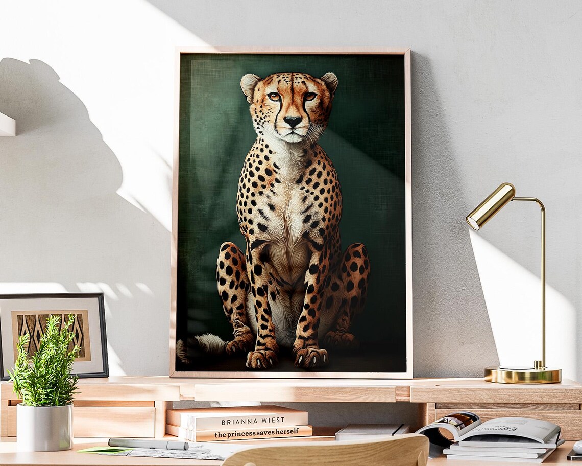 Regal Cheetah Portrait On A Deep Sage Green Background Poster - Image 2