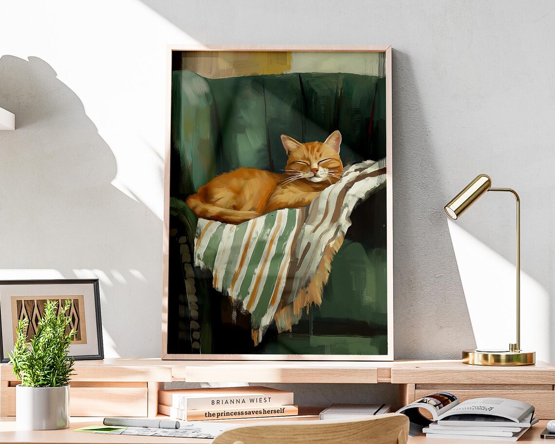 Ginger Cat Napping On A Striped Blanket In A Green Room Poster - Image 2