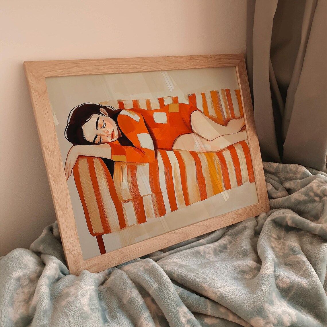 Woman Resting on Orange Striped Sofa in Retro Swimsuit Poster - Image 3