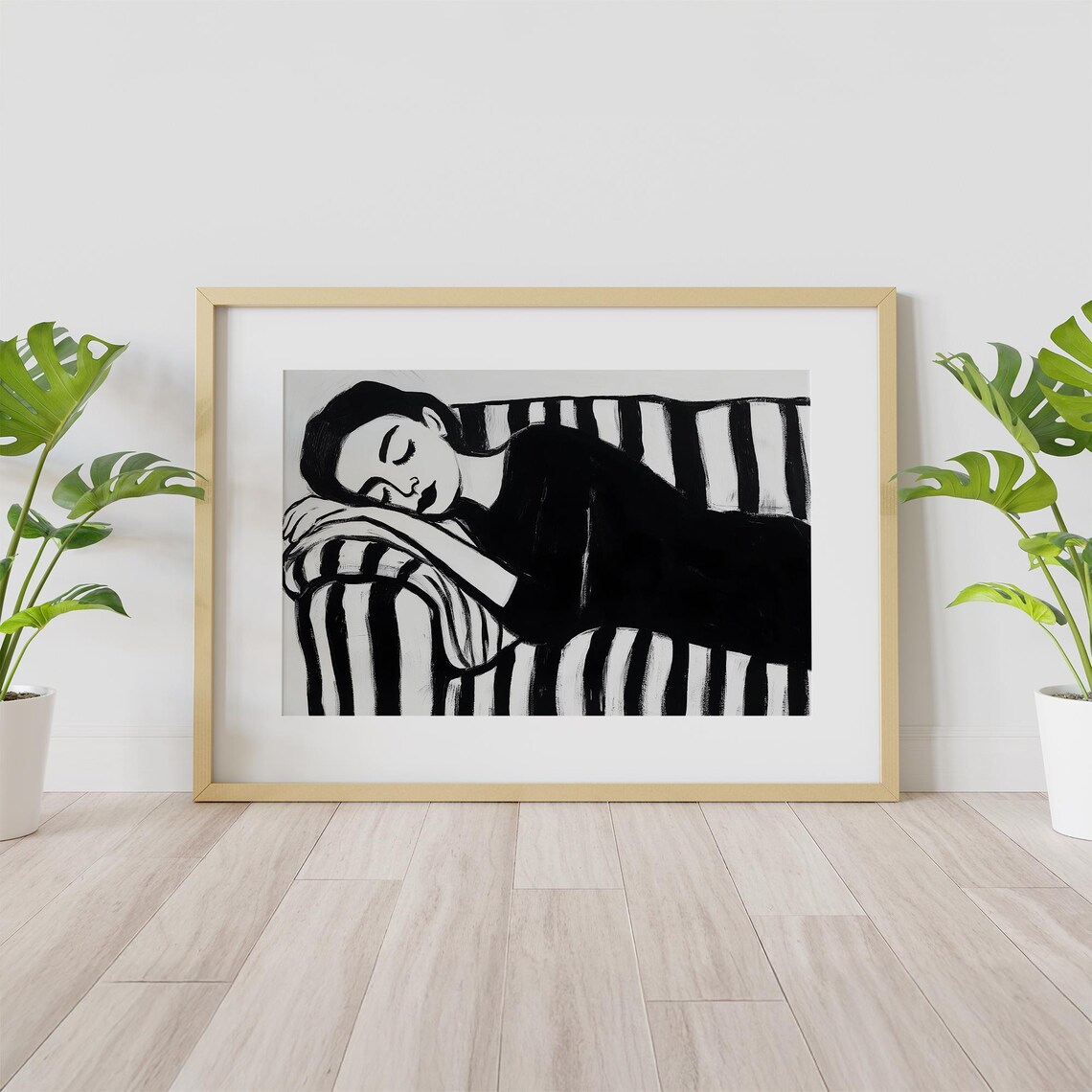Sleeping Woman on Striped Sofa Black and White Minimalist Poster - Image 4