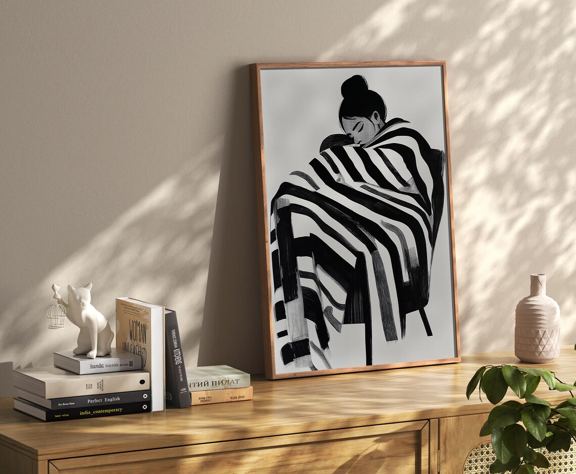 Abstract Ink Portrait Of Sleeping Woman Wrapped In Black And White Print - Image 4