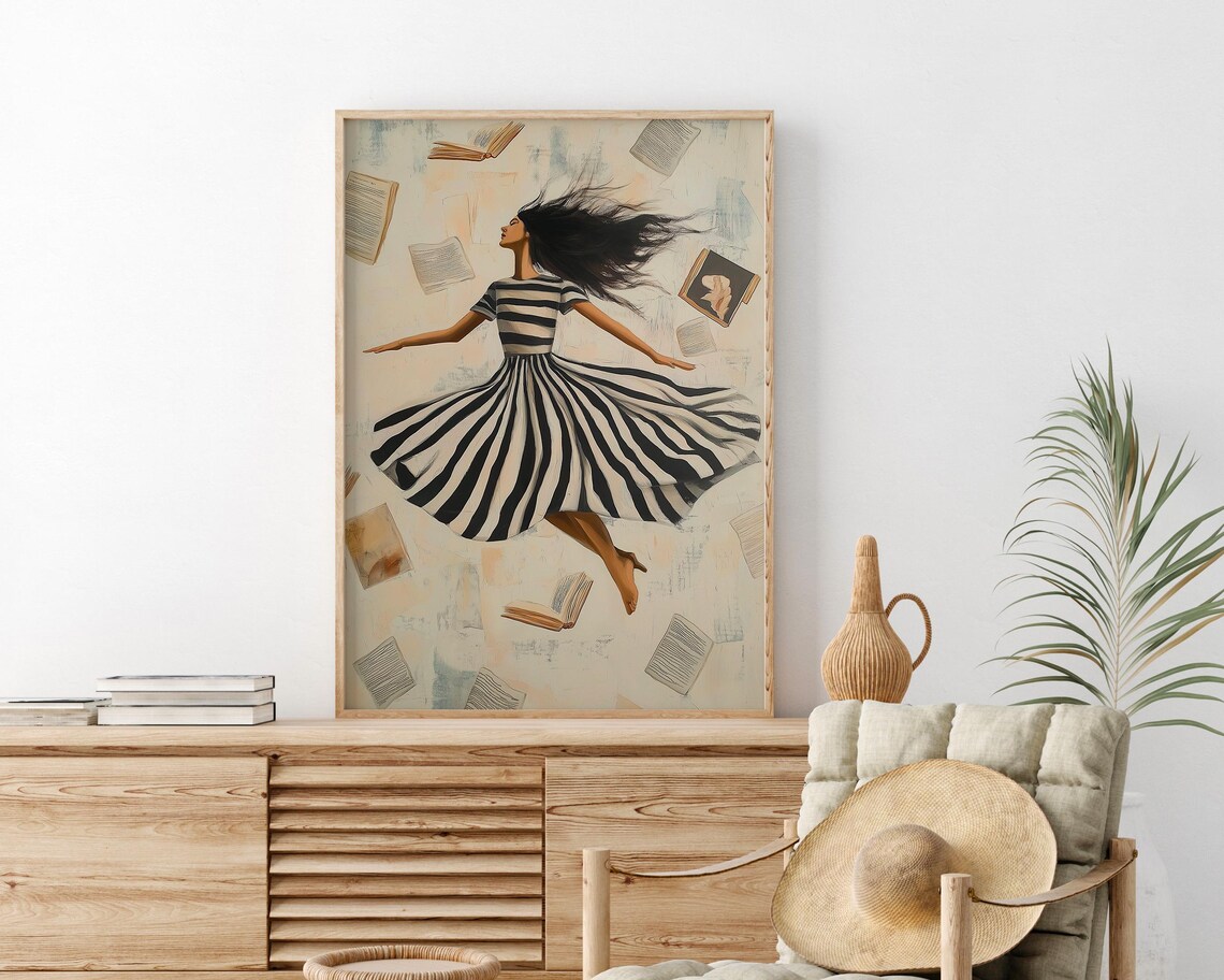 Whimsical Woman Dancing With Flying Books In Striped Dress Poster - Image 4