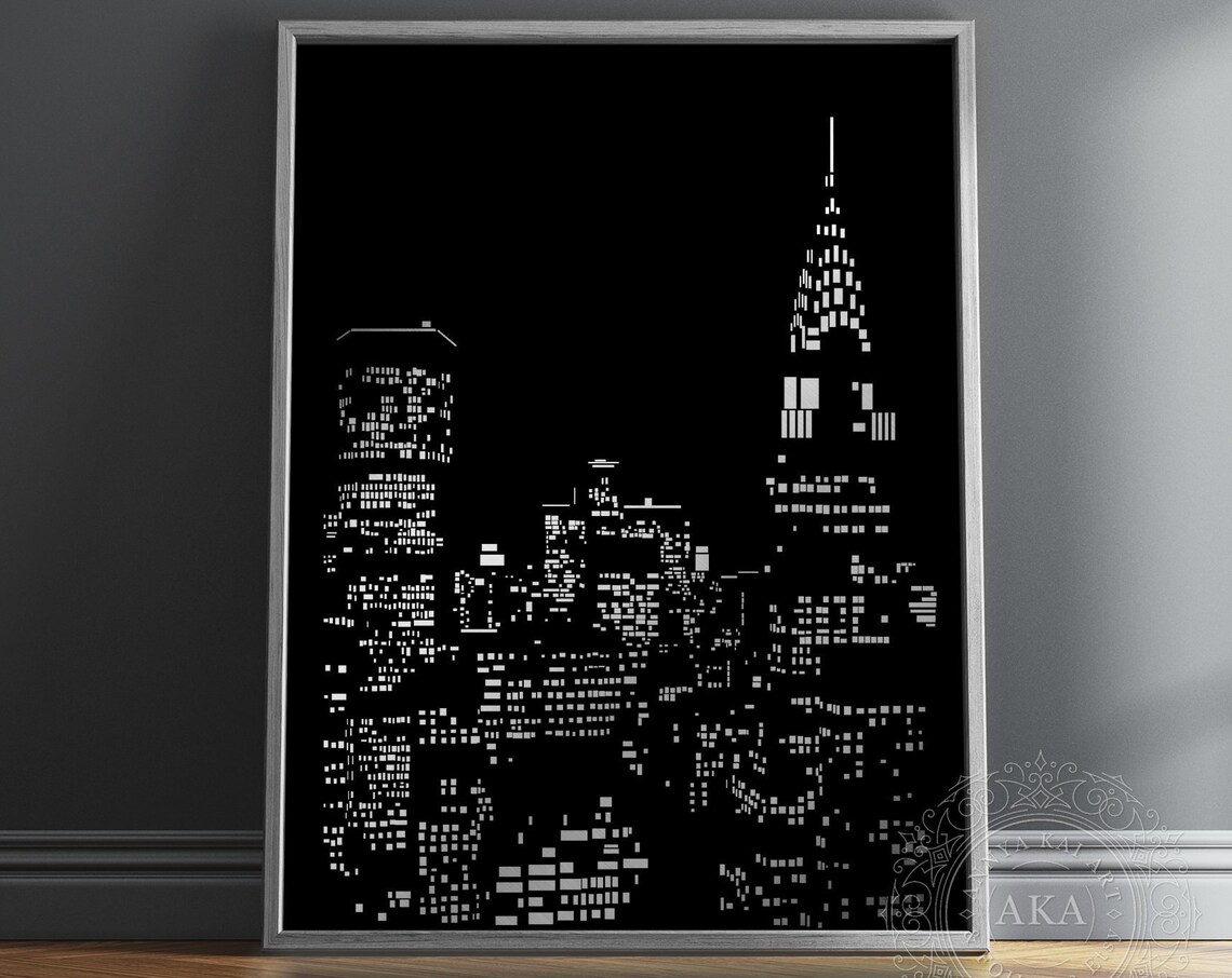New York City Manhattan Night Skyline Black White Minimalist Art Print