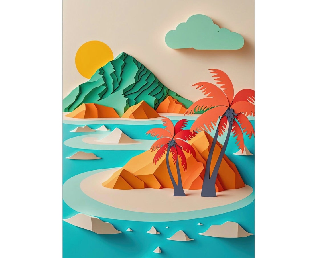 Tropical Island Palm Trees Paper Cut Style Ocean Sunset Poster
