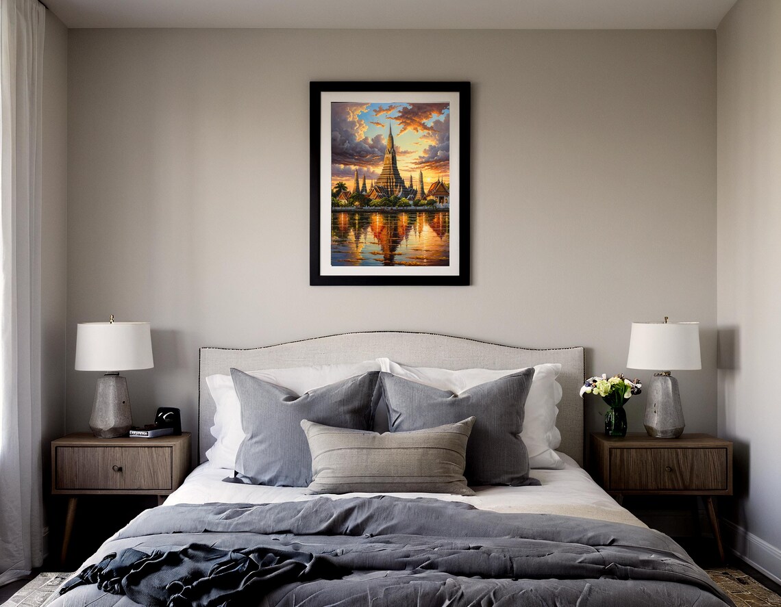 Bangkok Thailand Wat Arun Sunset River Reflection Oil Poster - Image 3