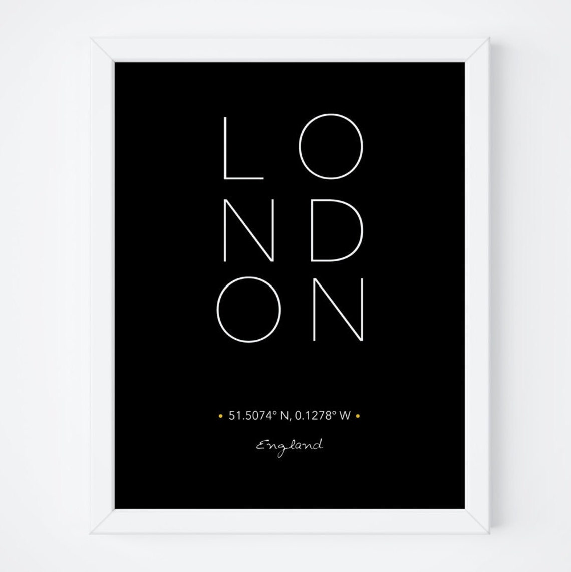 London England Black Background Coordinates Travel Typography Poster