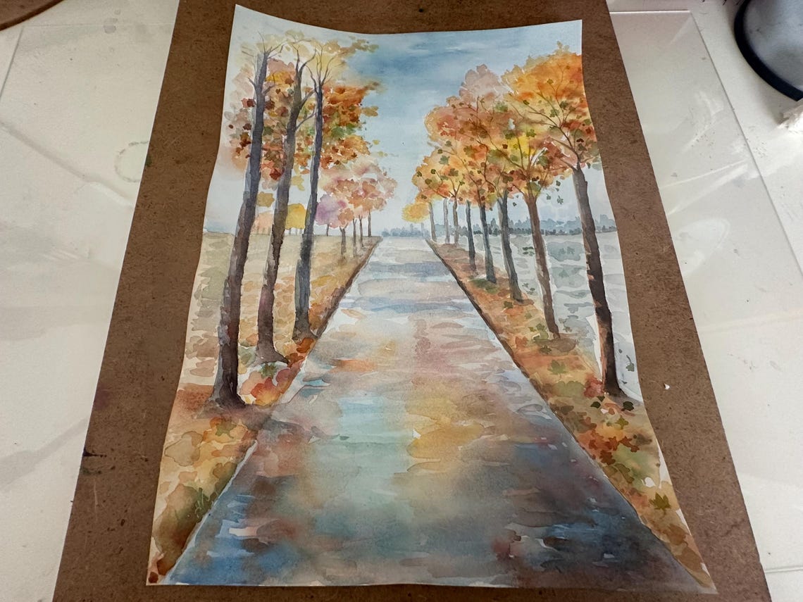 Autumn Tree Lined Path Beside a River Watercolor Landscape Poster - Image 4